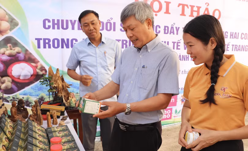 Ông Hồ Quang Bửu, Phó Chủ tịch UBND TP Đà Nẵng tham quan không gian trưng bày các sản phẩm kinh tế vườn tại hội thảo. Ảnh TĐ.