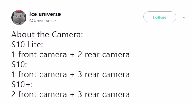 Chuyên gia săn tin Ice Universe thông tin về thông số camera trên 3 phiên bản Galaxy S10