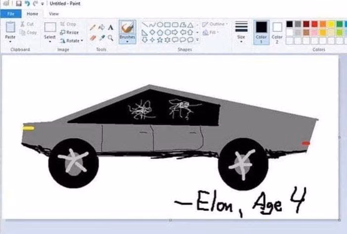 Có người cho rằng chiếc Cybertruck là sản phẩm của Elon Musk, vẽ trên paint (phần mềm lâu đời trên window) khi mới 4 tuổi Có người cho rằng chiếc Cybertruck là sản phẩm của Elon Musk, vẽ trên paint (phần mềm lâu đời trên window) khi mới 4 tuổi