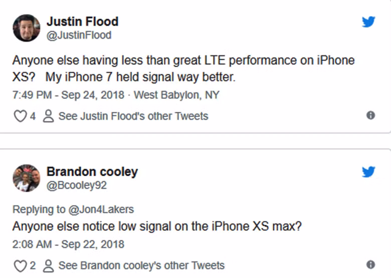 Người dùng than phiền trên Twitter về tình trạng bắt sóng kém của iPhone Xs và Xs Max (ảnh: PA)