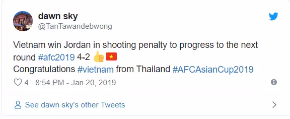 Việt Nam thắng Jordan sau loạt penalty và lọt vào vòng tiếp theo. Gửi các bạn lời chúc mừng từ cổ động viên Thái Lan