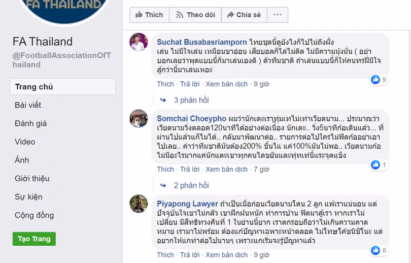 Nhận xét của cổ động viên trên fanpage của Liên đoàn bóng đá Thái Lan Nhận xét của cổ động viên trên fanpage của Liên đoàn bóng đá Thái Lan