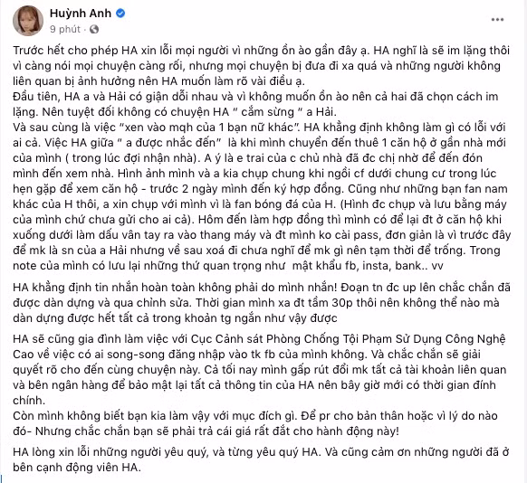 bài đăng của Huỳnh Anh trên facebook cá nhân