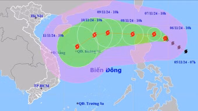 Dự báo hướng đi của bão Yinxing.