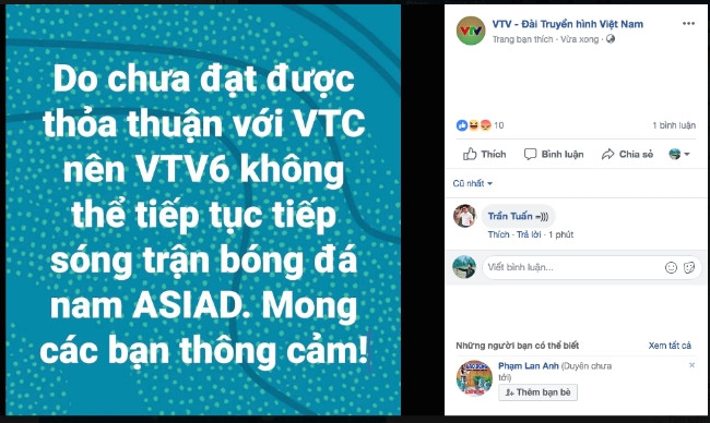 Thông báo trên fanpage vtv.vn Thông báo trên fanpage vtv.vn