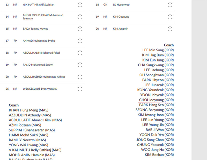 Tên của ông Park nằm trong ban huấn luyện U23 Hàn Quốc (ảnh cắt từ website chính thức ASIAD 2018)