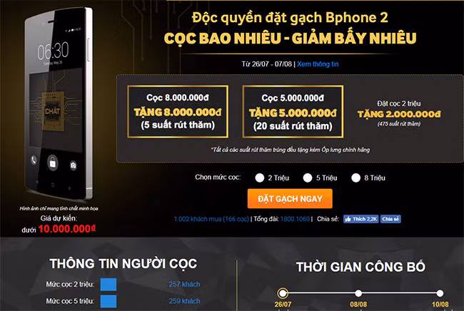 Chương trình đặt mua BPhone 2 được thực hiện từ ngày 26/7 đến ngày 10/8 