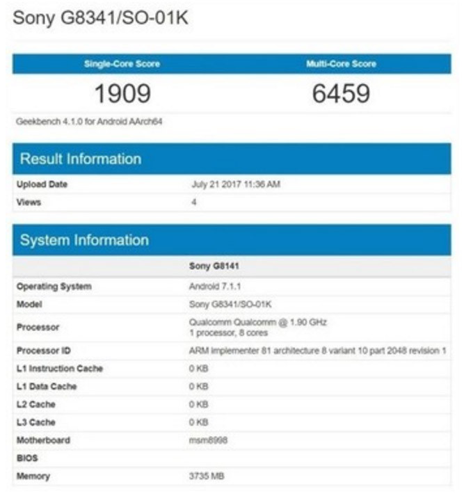 Sony Xperia XZ1 lộ diện với chip Snapdragon 835, RAM 4 GB ảnh 1