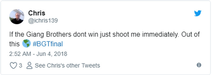 "Nếu anh em họ Giang không chiến thắng thì bạn cứ bắn luôn tôi đi. Màn trình diễn vượt ngoài trái đất" "Nếu anh em họ Giang không chiến thắng thì bạn cứ bắn luôn tôi đi. Màn trình diễn vượt ngoài trái đất"