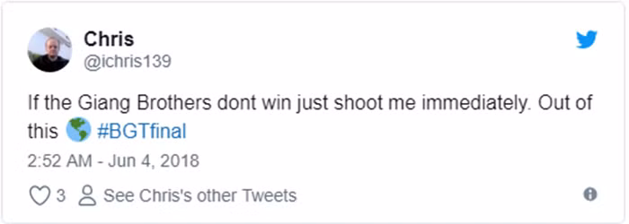 "Nếu anh em họ Giang không chiến thắng thì bạn cứ bắn luôn tôi đi. Màn trình diễn vượt ngoài trái đất" "Nếu anh em họ Giang không chiến thắng thì bạn cứ bắn luôn tôi đi. Màn trình diễn vượt ngoài trái đất"