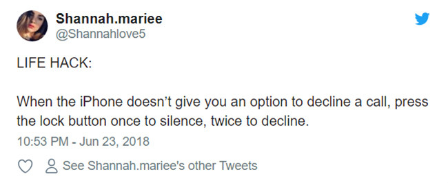 Nếu iPhone không cung cấp cho bạn nút Từ chối Cuộc gọi, bạn hãy bấm vào nút nguồn lần thứ nhất để tắt chuông, lần thứ hai để Từ chối