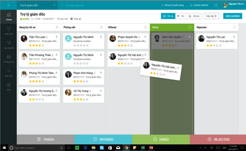 Giao diện (demo) phần mềm hỗ trợ tuyển dụng nhân sự của Base.vn