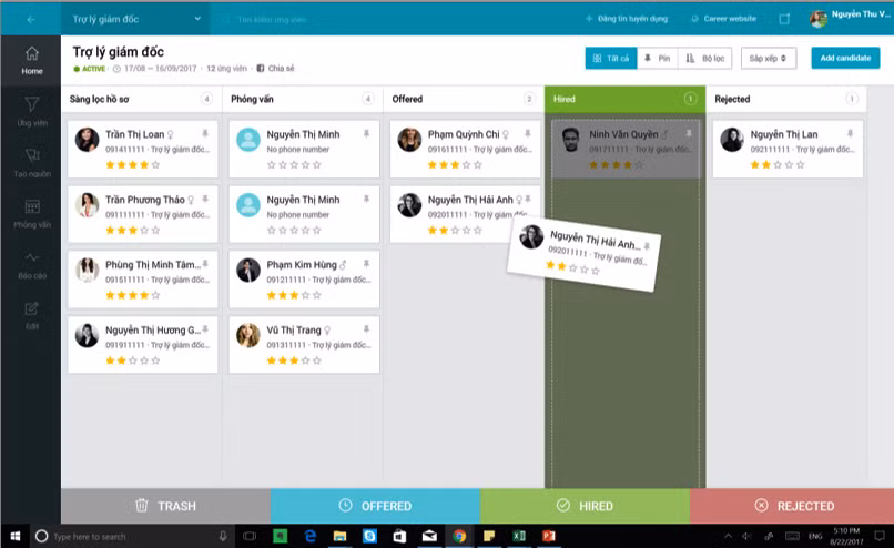 Giao diện (demo) phần mềm hỗ trợ tuyển dụng nhân sự của Base.vn