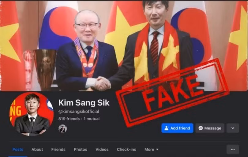 Một tài khoản giả mạo HLV Kim Sang-sik trên mạng xã hội (ảnh: DJ Management)