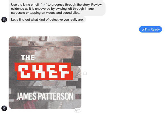 Quảng bá về cuốn thiểu thuyết "The Chef" của James Patterson trên Facebook Messenger - Ảnh: TECHCRUNCH