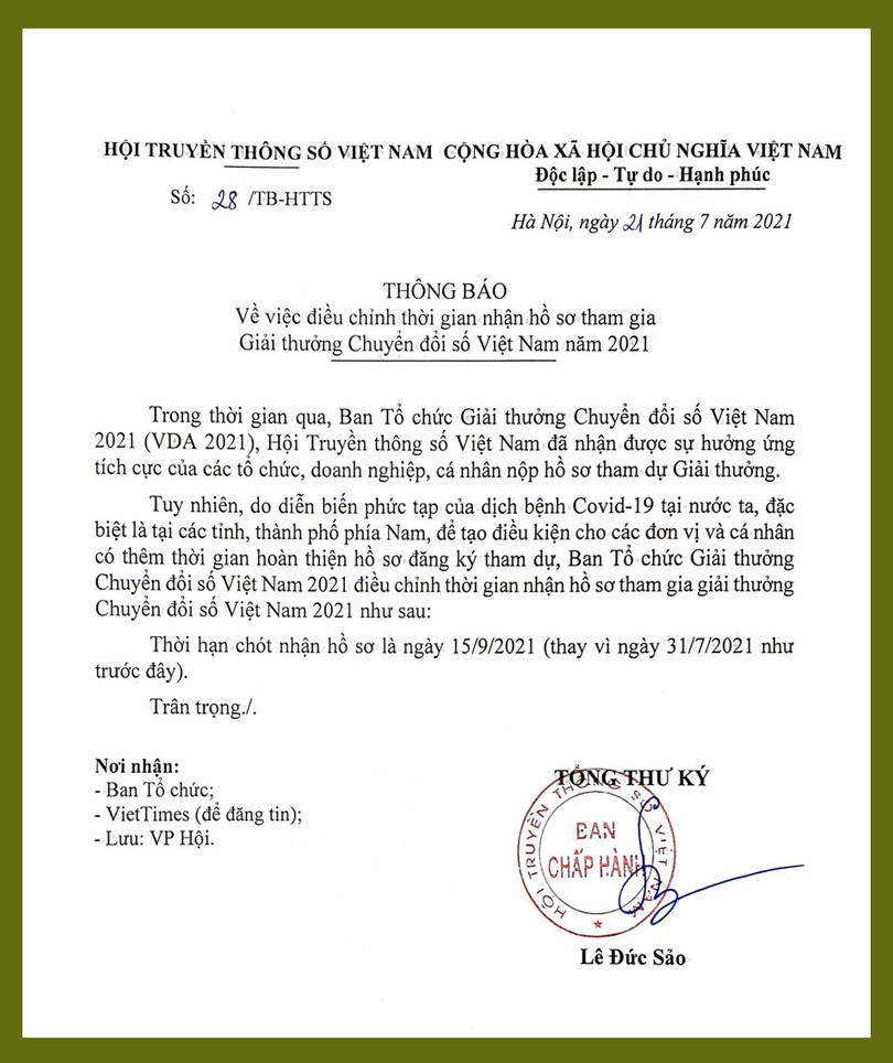 Văn bản thông báo của Ban Tổ chức VDA 2021