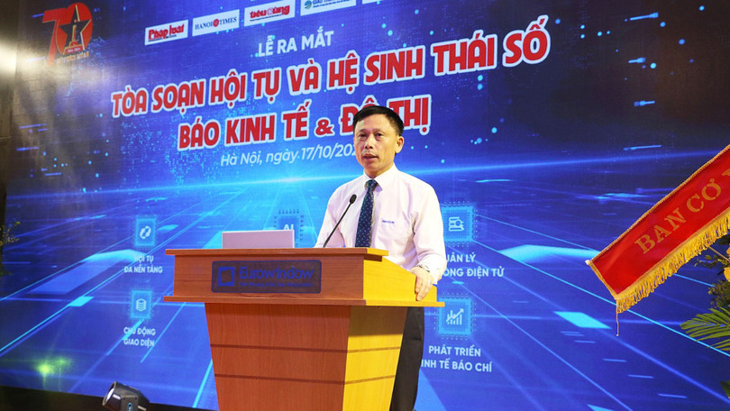 Tổng biên tập báo Kinh tế và Đô thị, ông Nguyễn Thành Lợi phát biểu tại sự kiện ra mắt Tòa soạn hội tụ và Hệ sinh thái số