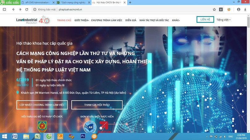 Webiste tiếng Việt của hội thảo Cách mạng công nghiệp lần thứ tư và những vấn đề pháp lý đặt ra cho việc xây dựng hoàn thiện hệ thống pháp luật Việt Nam. Ảnh chụp màn hành
