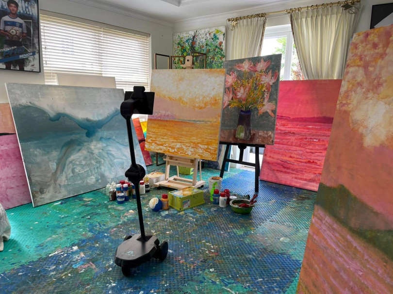 Phòng tranh triển lãm online của Xèo Chu với sự hỗ trợ của robot Ohmni Phòng tranh triển lãm online của Xèo Chu với sự hỗ trợ của robot Ohmni