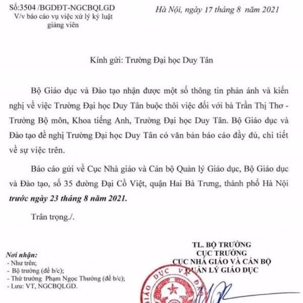 Văn bản của Bộ GD&amp;ĐT gửi Đại học Duy Tân