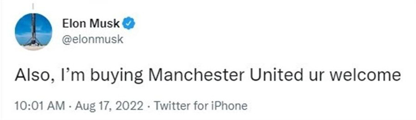 Dòng tweet của Elon Musk nói về việc mua Manchester United