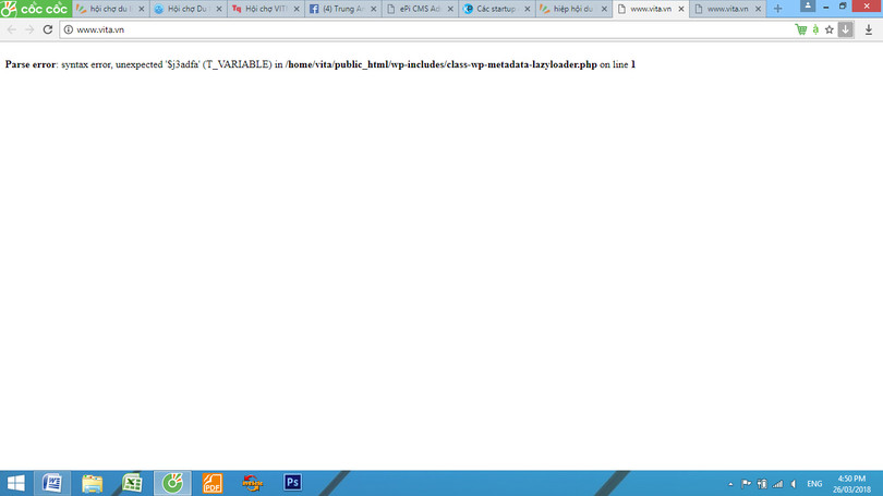 Trang web www.vita.vn của Hiệp hội Du lịch Việt Nam hoàn toàn không truy cập được. Ảnh chụp màn hình lúc 16h30 ngày 26/3/2018
