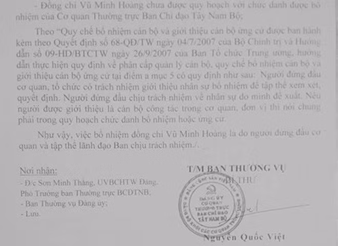 Báo cáo do ông Việt ký nêu trường hợp rà soát quá trình bổ nhiệm Vũ Minh Hoàng. Ảnh:CTV.