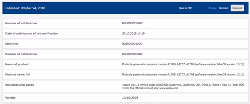 Thông tin đăng ký nhãn hiệu tại Nga của MacBook mới. 