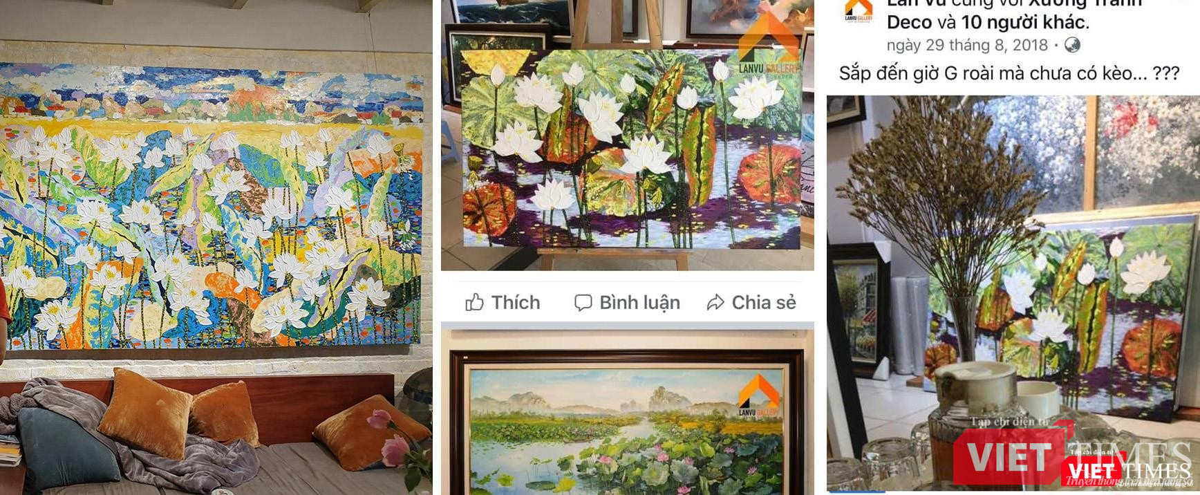 Tranh Sen nguyên tác của họa sĩ Đặng Phương Việt (bên trái) và tranh bị Lân Vũ Gallery sao chép (bên phải)