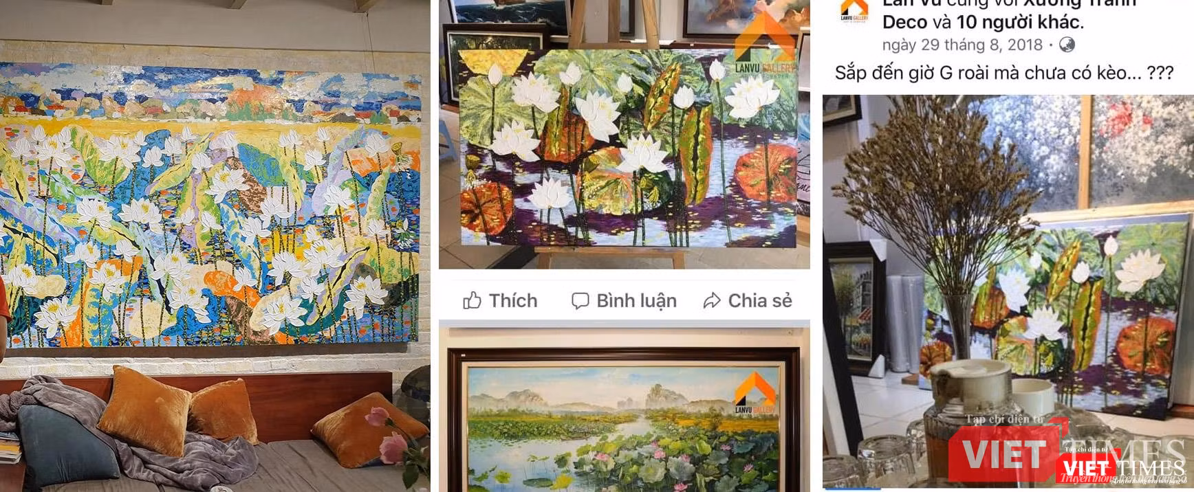 Tranh Sen nguyên tác của họa sĩ Đặng Phương Việt (bên trái) và tranh bị Lân Vũ Gallery sao chép (bên phải)