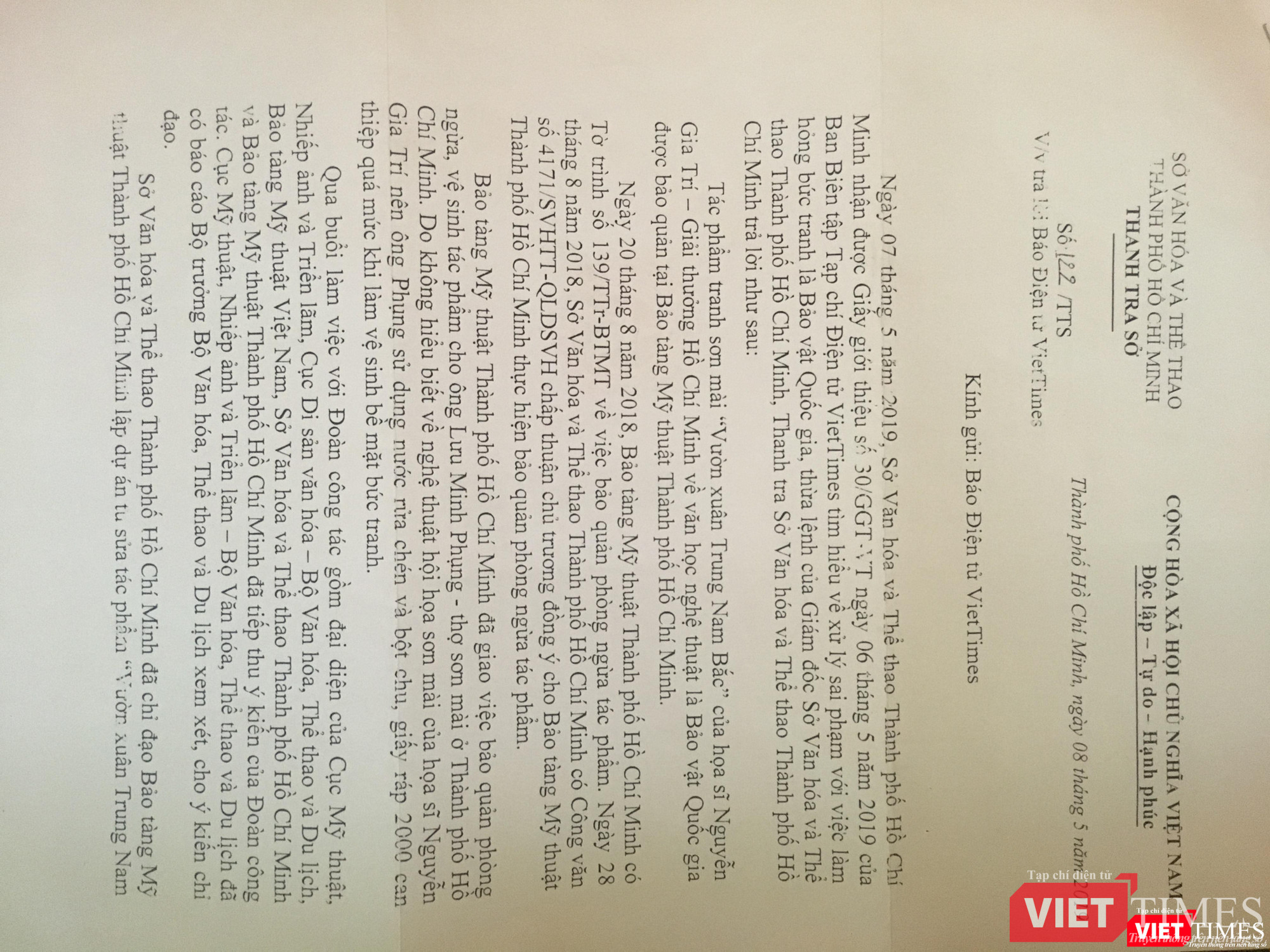 Toàn bộ văn bản số 122 của Thanh tra Sở VHTT TP.HCM gửi VietTimes