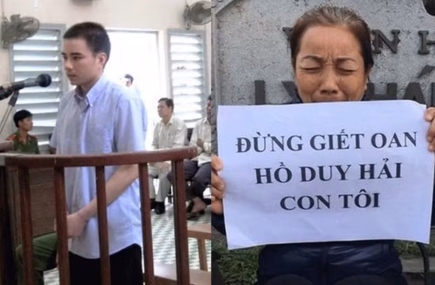 Tử tù Hồ Duy Hải trong một phiên tòa trước đây (trái) và mẹ là bà Nguyễn Thị Loan đang kêu oan cho con. Ảnh: Internet.