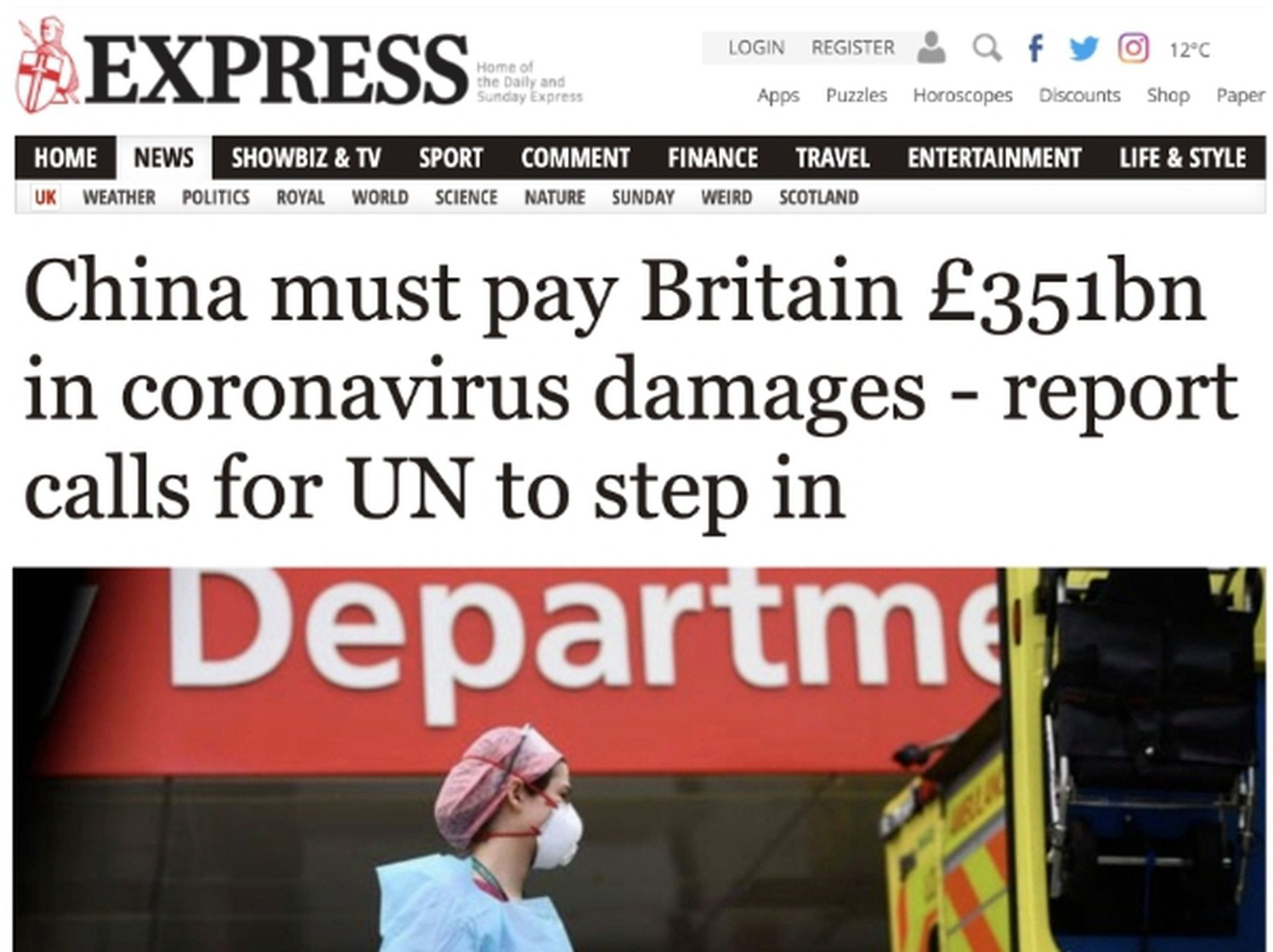 Người Anh đòi Trung Quốc phải bồi thường 351 tỷ Bảng vì dịch bệnh COVID-19 (Ảnh: Daily Express).