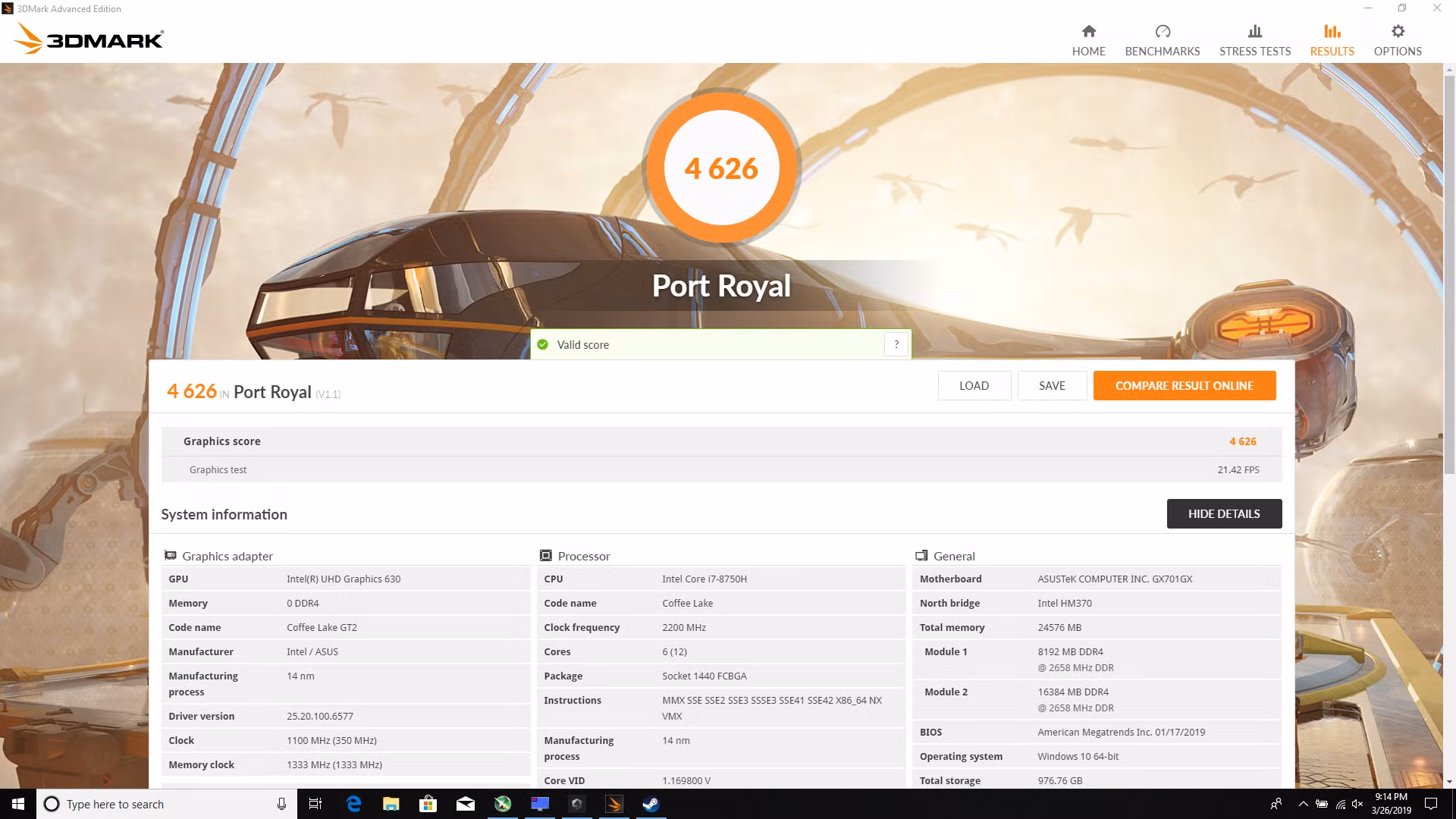 Kết quả bài thử Port Royal trên GX701GX.