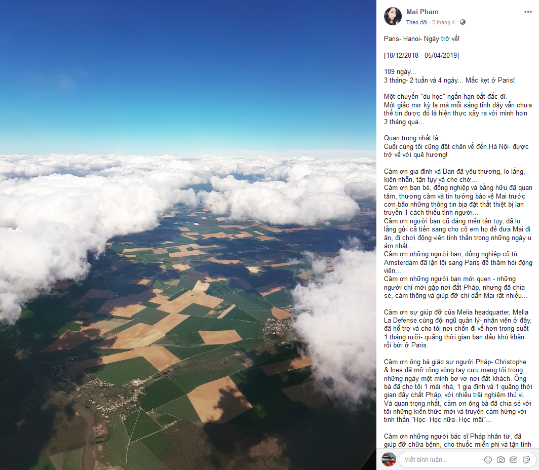 Bài đăng được chị Mai chia sẻ trên trang Facebook cá nhân trong ngày về nước. Ảnh chụp màn hình