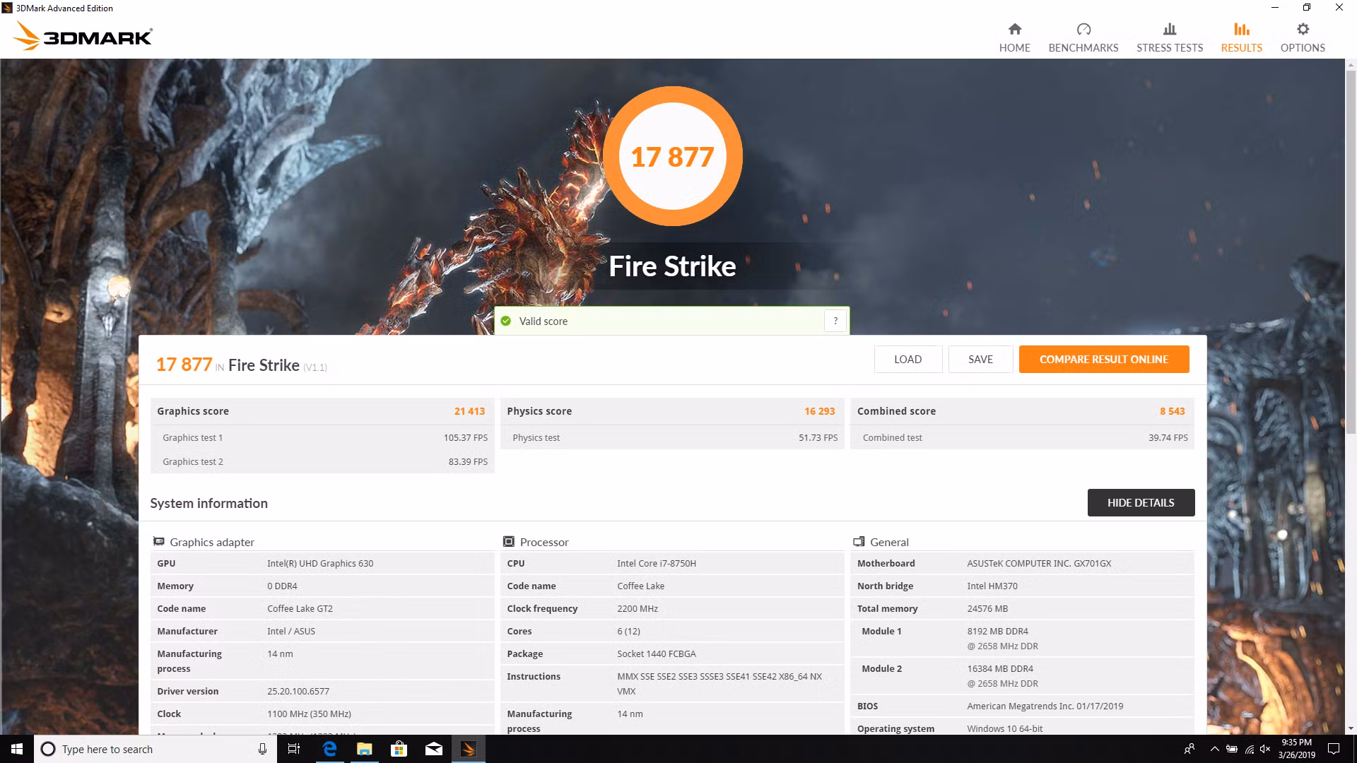 Kết quả bài thử Fire Strike trên GX701GX.