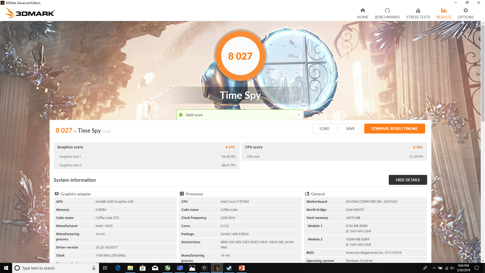 Kết quả bài thử Time Spy trên GX701GX. Kết quả bài thử Time Spy trên GX701GX.