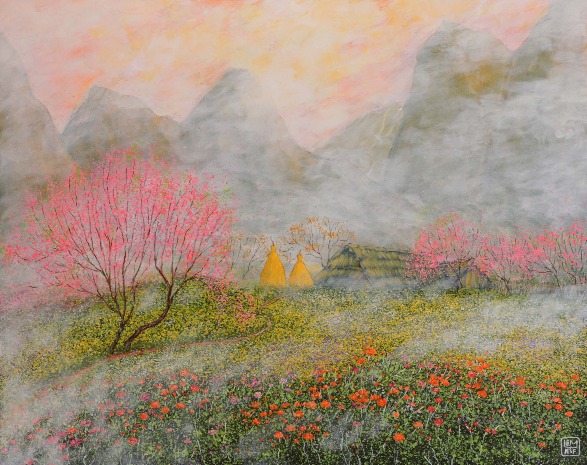 Nguyễn Lâm, Mùa xuân Tây Bắc, Acrylic,100x80cm, sáng tác năm 2019