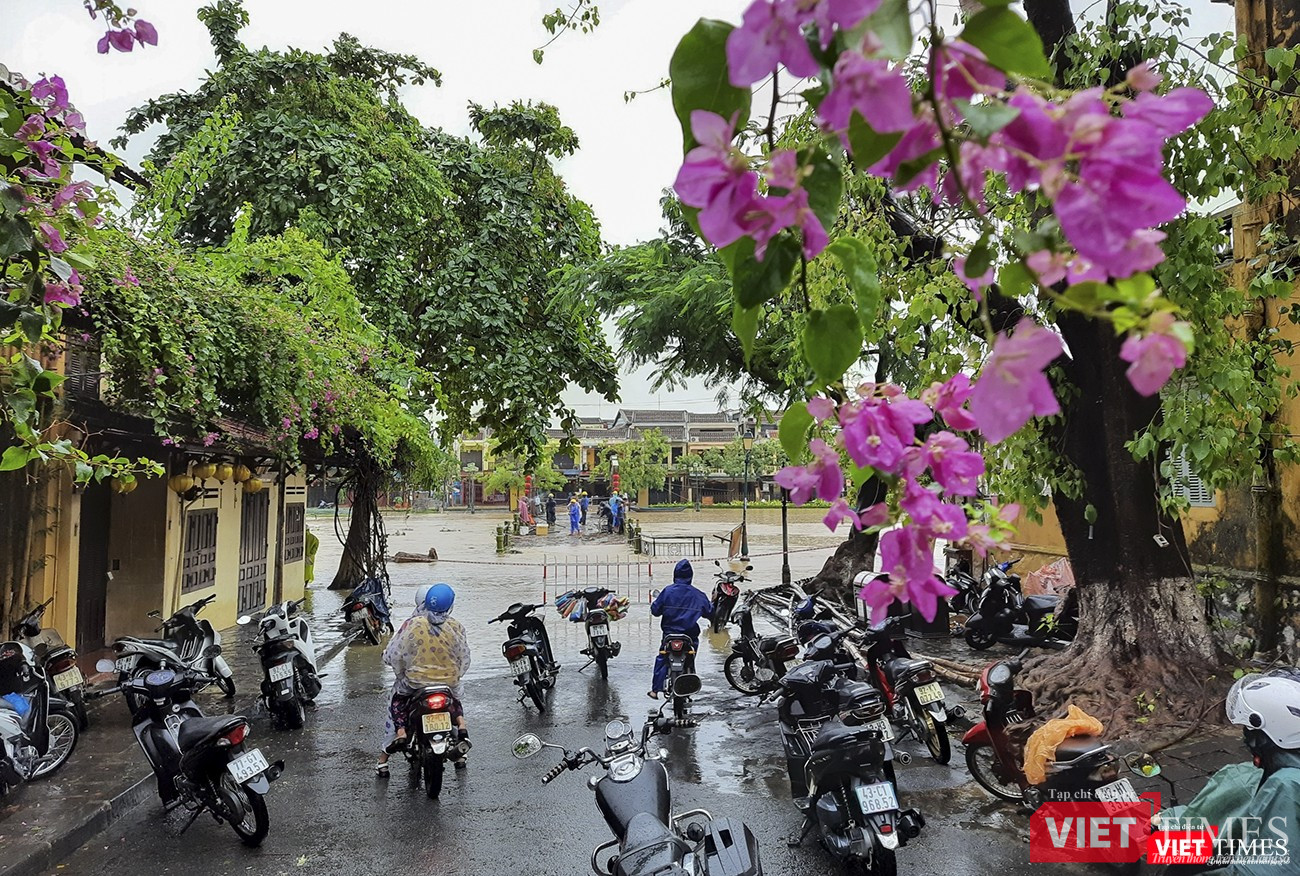 Đường dẫn lên cầu An Hội được phong tỏa khi nước lũ dâng ngập
