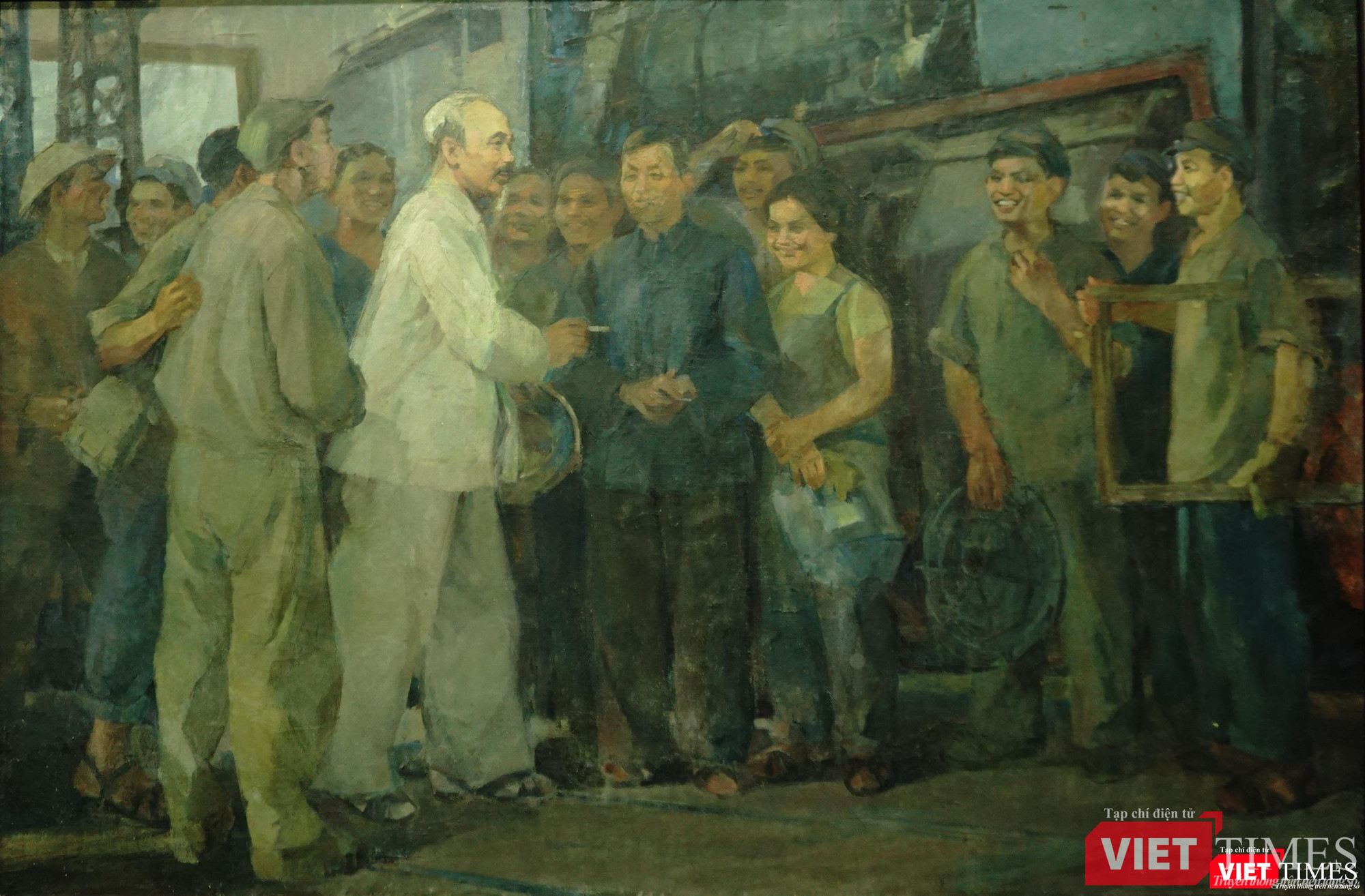 "Bác Hồ với công nhân xe lửa Gia Lâm" (Tranh Phạm Lung, sáng tác năm 1969)