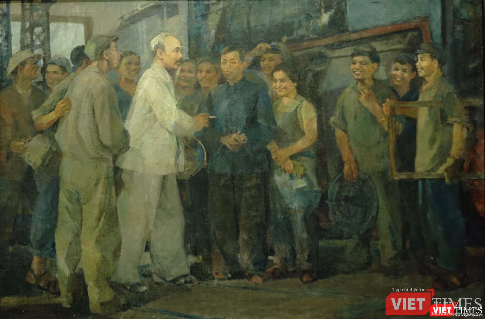 "Bác Hồ với công nhân xe lửa Gia Lâm" (Tranh Phạm Lung, sáng tác năm 1969) "Bác Hồ với công nhân xe lửa Gia Lâm" (Tranh Phạm Lung, sáng tác năm 1969)