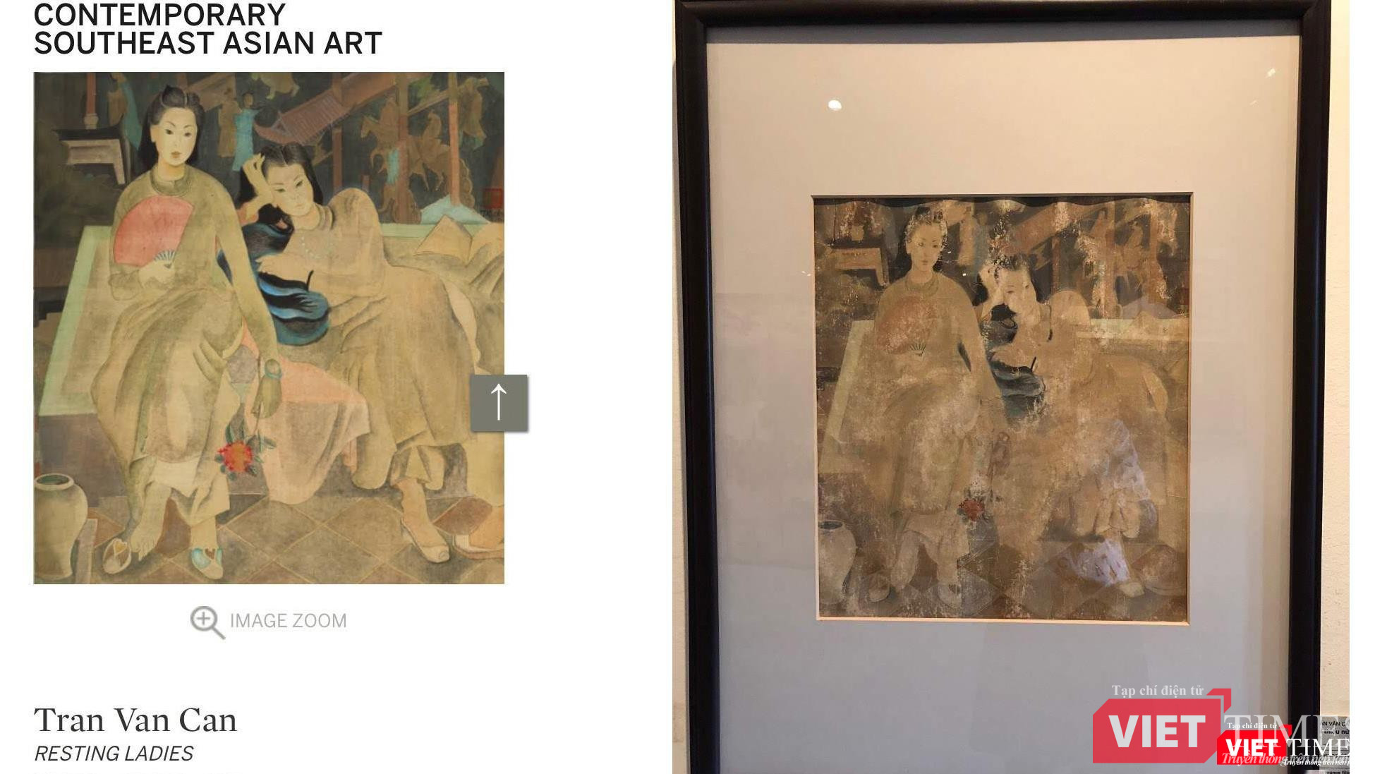 Bên trái là tranh rao bán trên Sotheby's nay đã hạ xuống, bên phải là tranh của họa sĩ Trần Văn Cẩn hiện đang lưu giữ tại Bảo tàng Mỹ thuật Việt Nam