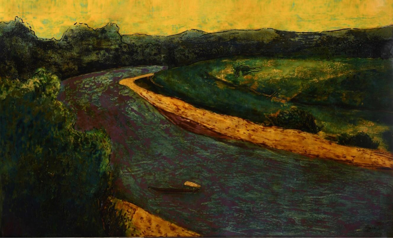 Tác phẩm “Hoàng hôn”, sơn mài trên vóc, 80cm x 100cm, 2018