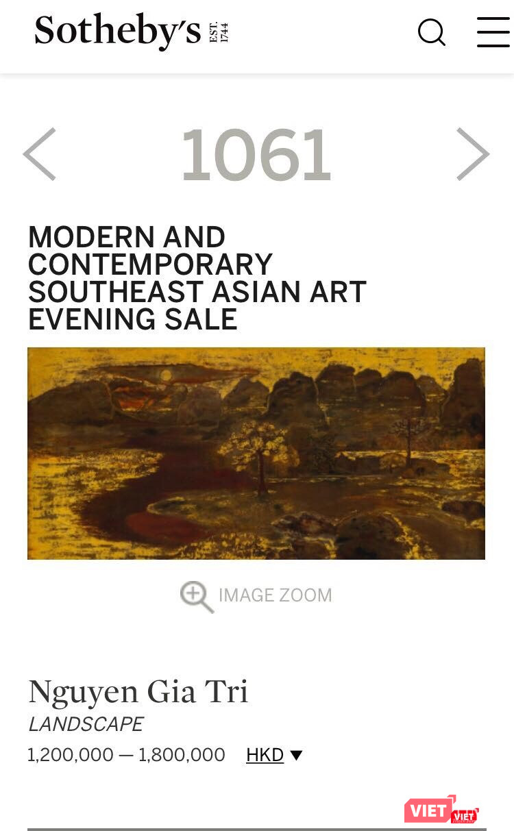 Bức tranh đề tên danh họa Nguyễn Gia Trí đang được rao bán trên Sotheby's với mức giá 1.200.000 đến 1.800.000 Đô la Hong Kong (tương đương từ 153.006 đến 229.509 USD) Bức tranh đề tên danh họa Nguyễn Gia Trí đang được rao bán trên Sotheby's với mức giá 1.200.000 đến 1.800.000 Đô la Hong Kong (tương đương từ 153.006 đến 229.509 USD)