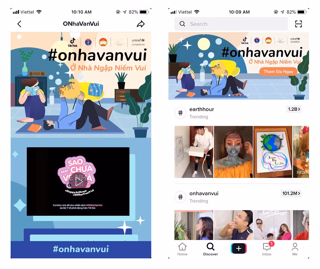 Trang chủ Tik Tok với thông điệp #onhavanvui