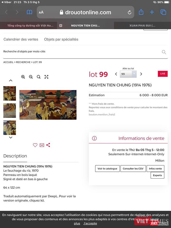 Lot 99 đấu giá tranh Nguyễn Tiến Chung (Ảnh chụp lại màn hình trang web của Drouot) Lot 99 đấu giá tranh Nguyễn Tiến Chung (Ảnh chụp lại màn hình trang web của Drouot)
