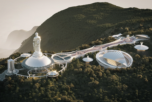 Phối cảnh quần thể Huyền tích Am Tiên lấy cảm hứng từ hình tượng voi trắng một ngà của Bà Triệu