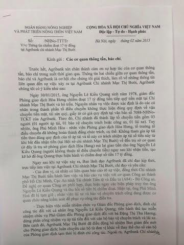 Agribank thông tin vụ nhân viên chiếm đoạt 17 tỷ đồng ảnh 1