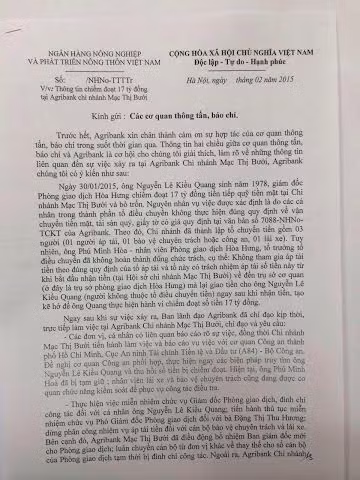 Agribank thông tin vụ nhân viên chiếm đoạt 17 tỷ đồng ảnh 1