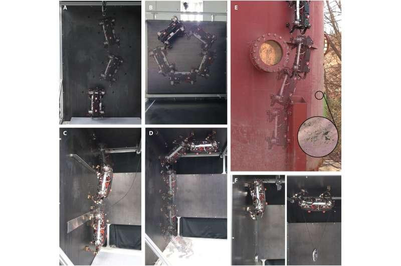 Marvel thực hiện các nhiệm vụ vận động khác nhau. (A) Chuyển động quay trên tường thẳng đứng. (B) Chuyển động quay trên trần nhà. (C) Vượt qua một khoảng không kim loại (10 cm) và một chướng ngại vật (5 cm). (D) Chuyển đổi từ sàn sang tường và từ tường lên trần. (E) Chuyển động thẳng đứng trên bể chứa, bề mặt bị bao phủ bằng sơn, rỉ sét và bụi. (F) Mang (trái) vật nặng 2 kg trên tường và (phải) vật nặng 3 kg trên trần nhà. Ảnh : Khoa học người máy (2022). Marvel thực hiện các nhiệm vụ vận động khác nhau. (A) Chuyển động quay trên tường thẳng đứng. (B) Chuyển động quay trên trần nhà. (C) Vượt qua một khoảng không kim loại (10 cm) và một chướng ngại vật (5 cm). (D) Chuyển đổi từ sàn sang tường và từ tường lên trần. (E) Chuyển động thẳng đứng trên bể chứa, bề mặt bị bao phủ bằng sơn, rỉ sét và bụi. (F) Mang (trái) vật nặng 2 kg trên tường và (phải) vật nặng 3 kg trên trần nhà. Ảnh : Khoa học người máy (2022).